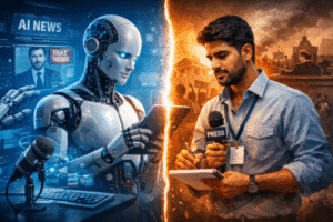 AI पत्रकार बनाम इंसान पत्रकार: डिजिटल मीडिया का बदलता सच AI पत्रकार बनाम इंसान पत्रकार: डिजिटल मीडिया का बदलता सच