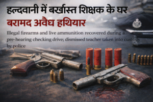 Haldwani में बड़ी कार्रवाई: बर्खास्त शिक्षक के घर से अवैध तमंचे और प्रतिबंधित कारतूस बरामद Illegal arms and ammunition recovered by Haldwani Police during checking drive in Banbhoolpura area