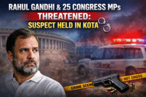 Rahul Gandhi news graphic with headline about threat to him and 25 Congress MPs, police action reference