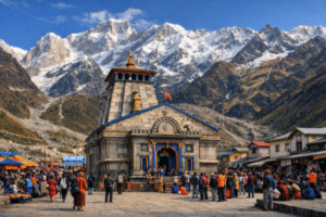 केदारनाथ धाम मंदिर हिमालय की पहाड़ियों के बीच श्रद्धालुओं के साथ