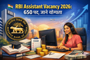 RBI Recruitment 2026: 650 पदों पर निकली वैकेंसी, ग्रेजुएट उम्मीदवारों के लिए बड़ा मौका RBI Assistant Vacancy 2026 भर्ती से संबंधित कॉन्सेप्चुअल इमेज, जिसमें RBI लोगो, कंप्यूटर पर काम करता अभ्यर्थी, परीक्षा चेकलिस्ट और बैंकिंग करियर के प्रतीक दिखाए गए हैं।