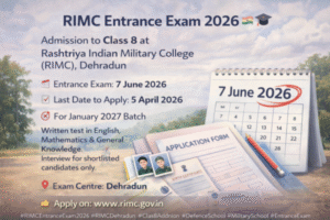 RIMC Entrance Exam 2026: कक्षा 8 में प्रवेश के लिए परीक्षा 7 जून, आवेदन की अंतिम तिथि 5 अप्रैल Rashtriya Indian Military College entrance exam 2026 visual showing application form, calendar and exam details.