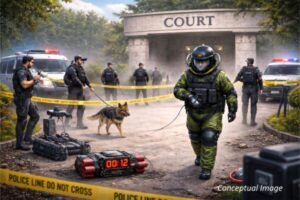 Nainital Court Bomb Threat: 2 दिन में दूसरी धमकी, जांच तेज Bomb squad and police securing a court premises after a bomb threat, with a suspicious explosive device under investigation and caution tape around the area.