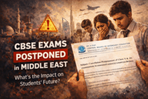UAE, सऊदी समेत 7 देशों में CBSE बोर्ड परीक्षा स्थगित, बोर्ड करेगा समीक्षा Digital news illustration showing “CBSE Exams Postponed in Middle East” headline, worried students in school uniforms, an official exam notice in hand, and Middle Eastern skyline in the background symbolizing uncertainty over board exams.