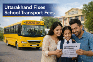 उत्तराखंड में स्कूल बस-वैन किराया तय, अभिभावकों को बड़ी राहत Family celebrates school transport fee relief concept image