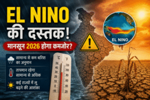 El Nino impact on Monsoon 2026 in India with below normal rainfall forecast, heatwave risk, drought conditions and rising temperatures.
