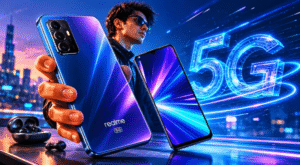 Realme 5G Smartphone क्यों कर रहा है ट्रेंड? जानिए आखिर यूजर्स की दिलचस्पी बढ़ने की वजह Realme 5G smartphone concept image showcasing advanced mobile technology, high-speed connectivity, AI features and futuristic digital innovation