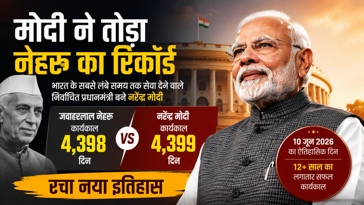 नरेंद्र मोदी ने जवाहरलाल नेहरू का रिकॉर्ड तोड़कर भारत के सबसे लंबे समय तक लगातार सेवा देने वाले निर्वाचित प्रधानमंत्री बनने का नया कीर्तिमान स्थापित किया।