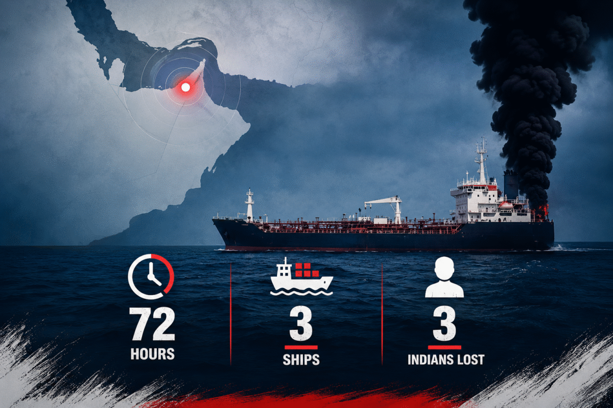 Strait of Hormuz में बढ़ते समुद्री तनाव के बीच धुएं से घिरा तेल टैंकर, 72 घंटे में भारतीय चालक दल वाले तीन जहाजों पर हुए हमलों का प्रतीकात्मक दृश्य।