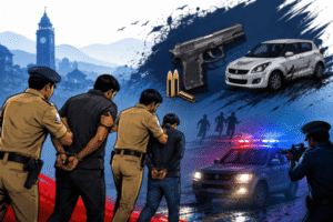 देहरादून में पुलिस-बदमाश मुठभेड़: राजस्थान के दो शातिर अपराधी गिरफ्तार, एक के पैर में लगी गोली देहरादून पुलिस मुठभेड़ पर आधारित एक डिजिटल न्यूज ग्राफिक, जिसमें पुलिसकर्मी दो गिरफ्तार आरोपियों को हिरासत में ले जाते दिखाई दे रहे हैं। पृष्ठभूमि में पुलिस वाहन, चमकती इमरजेंसी लाइट्स, एक संदिग्ध स्विफ्ट कार, हथियार और फरार बदमाशों की प्रतीकात्मक परछाइयाँ दर्शाई गई हैं। ग्राफिक पुलिस कार्रवाई और अपराधियों की गिरफ्तारी को दर्शाता है।