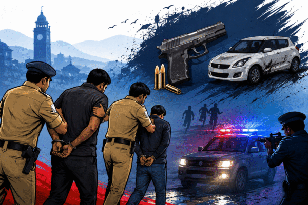 देहरादून पुलिस मुठभेड़ पर आधारित एक डिजिटल न्यूज ग्राफिक, जिसमें पुलिसकर्मी दो गिरफ्तार आरोपियों को हिरासत में ले जाते दिखाई दे रहे हैं। पृष्ठभूमि में पुलिस वाहन, चमकती इमरजेंसी लाइट्स, एक संदिग्ध स्विफ्ट कार, हथियार और फरार बदमाशों की प्रतीकात्मक परछाइयाँ दर्शाई गई हैं। ग्राफिक पुलिस कार्रवाई और अपराधियों की गिरफ्तारी को दर्शाता है।
