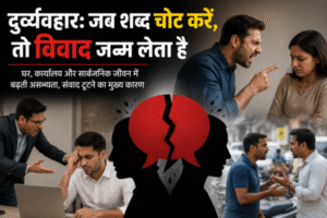 दुर्व्यवहार और विवाद विषय पर प्रतीकात्मक चित्र, जिसमें घर, कार्यालय और सार्वजनिक जीवन में होने वाले झगड़े, बहस और संवादहीनता को दर्शाया गया है।