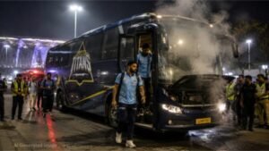 Gujarat Titans Bus Fire: IPL 2026 फाइनल के बाद टला बड़ा हादसा IPL 2026 फाइनल के बाद गुजरात टाइटंस की टीम बस में तकनीकी खराबी और धुआं फैलने की घटना का AI Generated प्रतिनिधि चित्र। सभी खिलाड़ी और स्टाफ सुरक्षित बताए गए हैं।