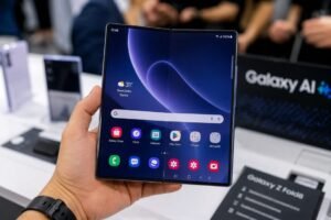 Samsung Galaxy Z Fold 8 स्मार्टफोन का हैंड्स-ऑन डेमो, जिसमें बड़ी फोल्डेबल डिस्प्ले और Galaxy AI फीचर्स दिखाए गए हैं।