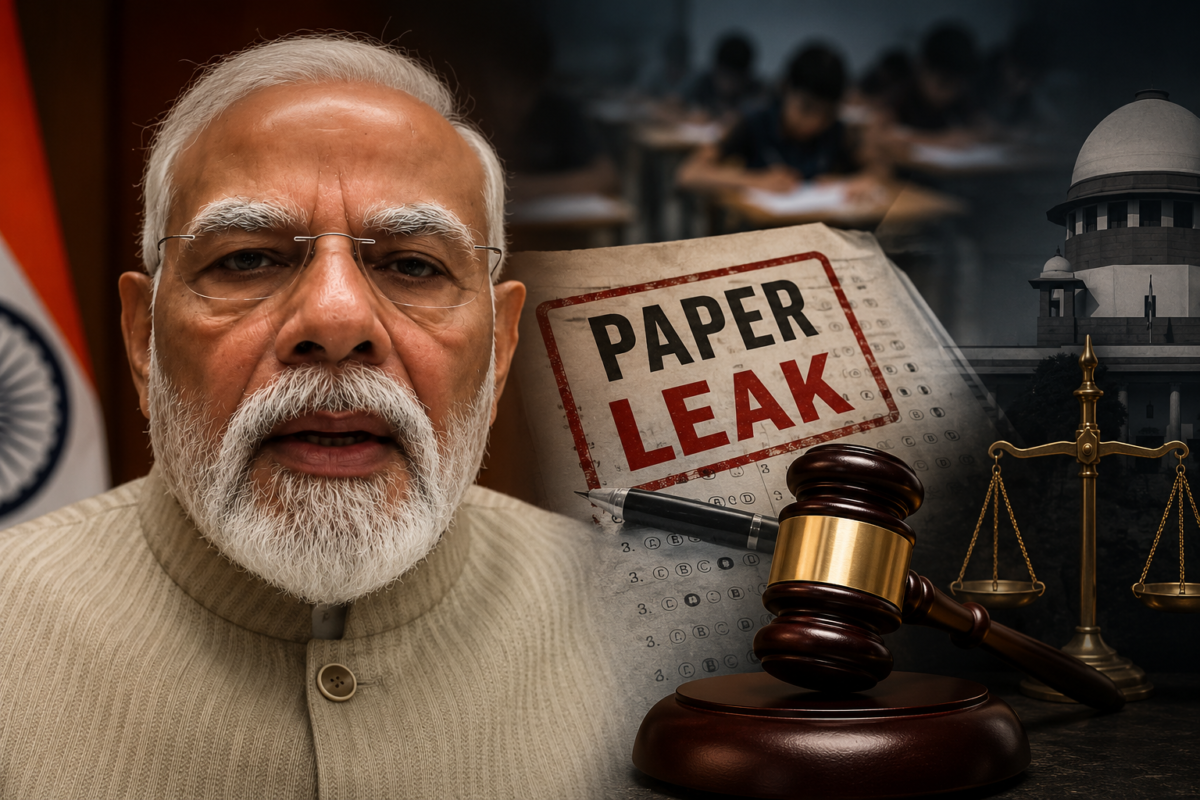Paper Leak Law 2026 conceptual image showing leaked exam papers, judge's gavel, handcuffs and legal action against exam paper leak mafia in India.