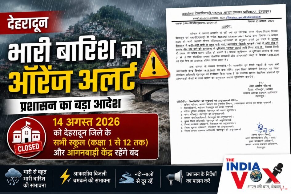 देहरादून में भारी बारिश का ऑरेंज अलर्ट, 14 अगस्त को कक्षा 1 से 12 तक के सभी स्कूल और आंगनबाड़ी केंद्र बंद