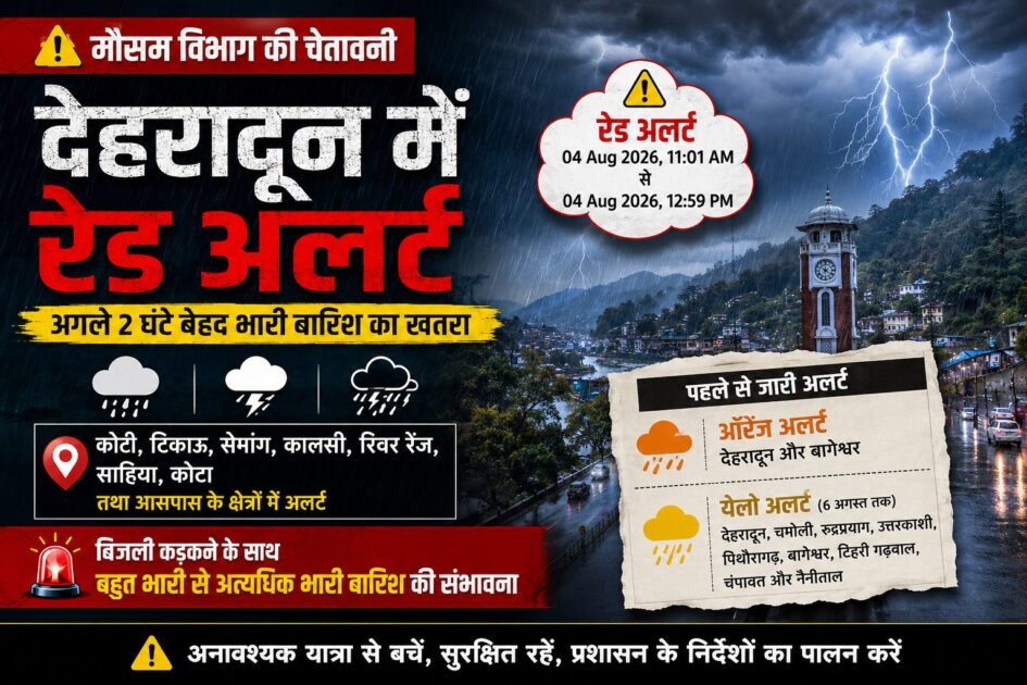 देहरादून में अगले 2 घंटे का रेड अलर्ट, भारी से अत्यधिक भारी बारिश और बिजली गिरने की चेतावनी