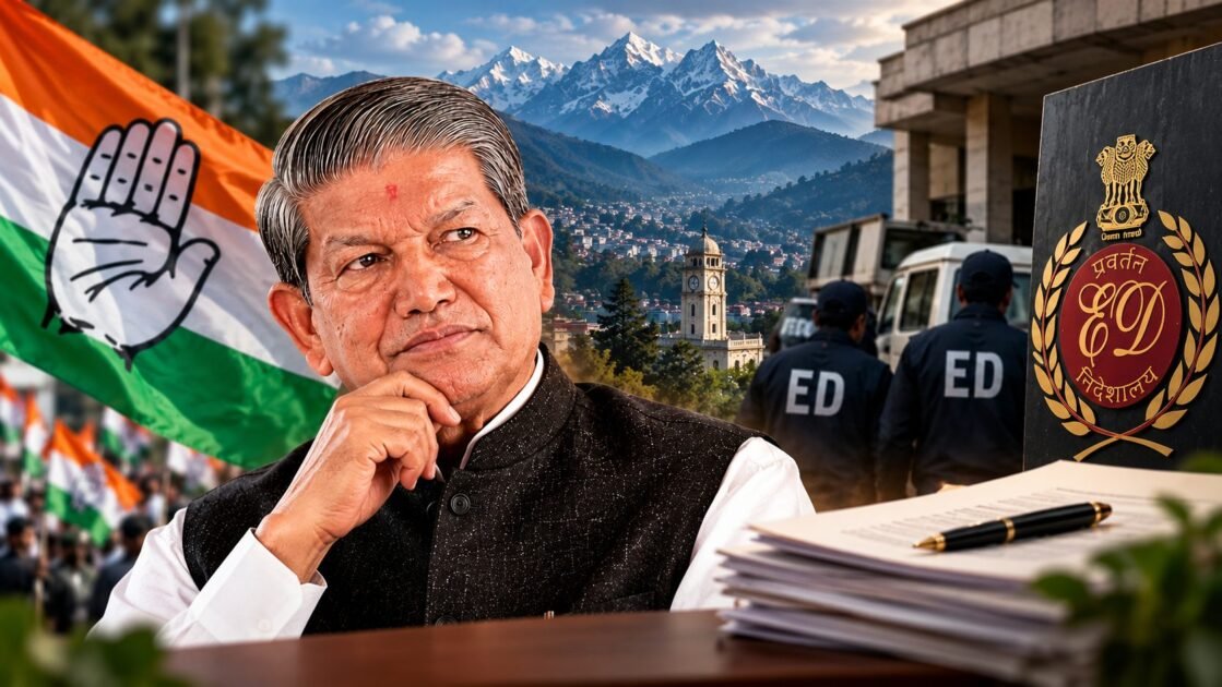 Harish Rawat Resigns की खबर से जुड़ी फीचर इमेज, जिसमें हरीश रावत, कांग्रेस का झंडा और ED कार्रवाई के दृश्य के साथ उत्तराखंड की राजनीतिक पृष्ठभूमि दिखाई गई है।