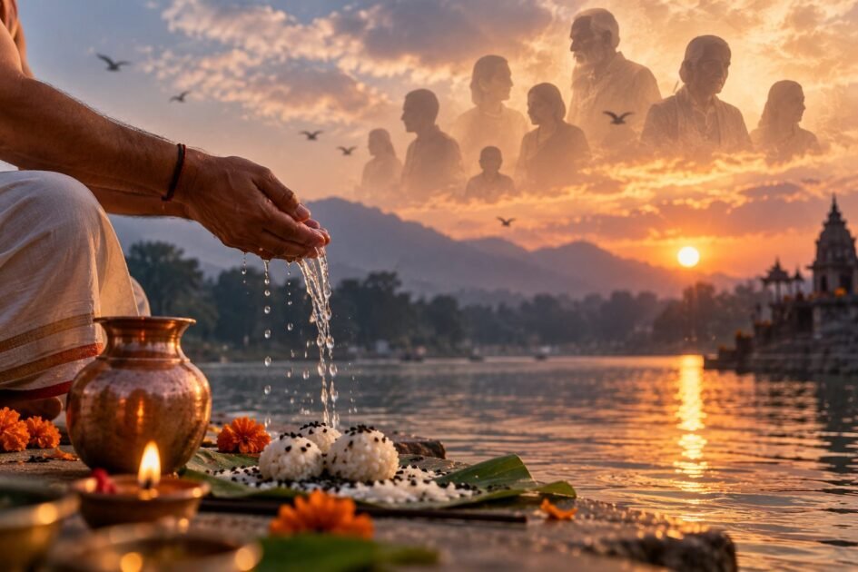पितृ पक्ष के दौरान नदी किनारे तर्पण करते व्यक्ति और पूर्वजों के स्मरण का सांकेतिक दृश्य