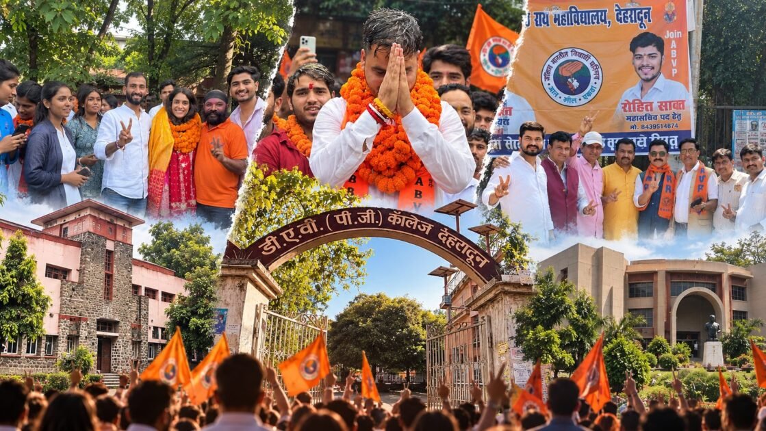 देहरादून छात्रसंघ चुनाव 2026 में SGRR, DAV और अन्य कॉलेजों में ABVP समर्थित प्रत्याशियों की जीत की तस्वीरें