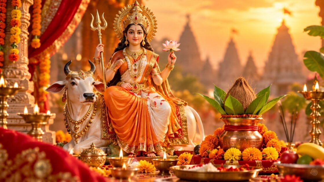 शारदीय नवरात्रि 2026 के पहले दिन मां शैलपुत्री की पूजा और घटस्थापना का दृश्य।