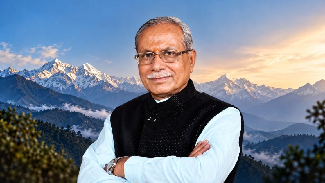 डॉ. ढाल सिंह बिसेन का चित्र, पीछे हिमालय की पर्वत श्रृंखला — उत्तराखंड के नए राज्यपाल नियुक्त.